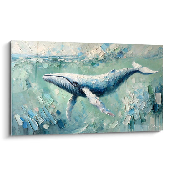 Dieses Walgemälde aus schräger Perspektive unterstreicht die Majestät der Meeresfauna. Seine Blau- und Grüntöne erzeugen einen beruhigenden Effekt, perfekt für eine elegante Inneneinrichtung mit Meeresinspirationl.

