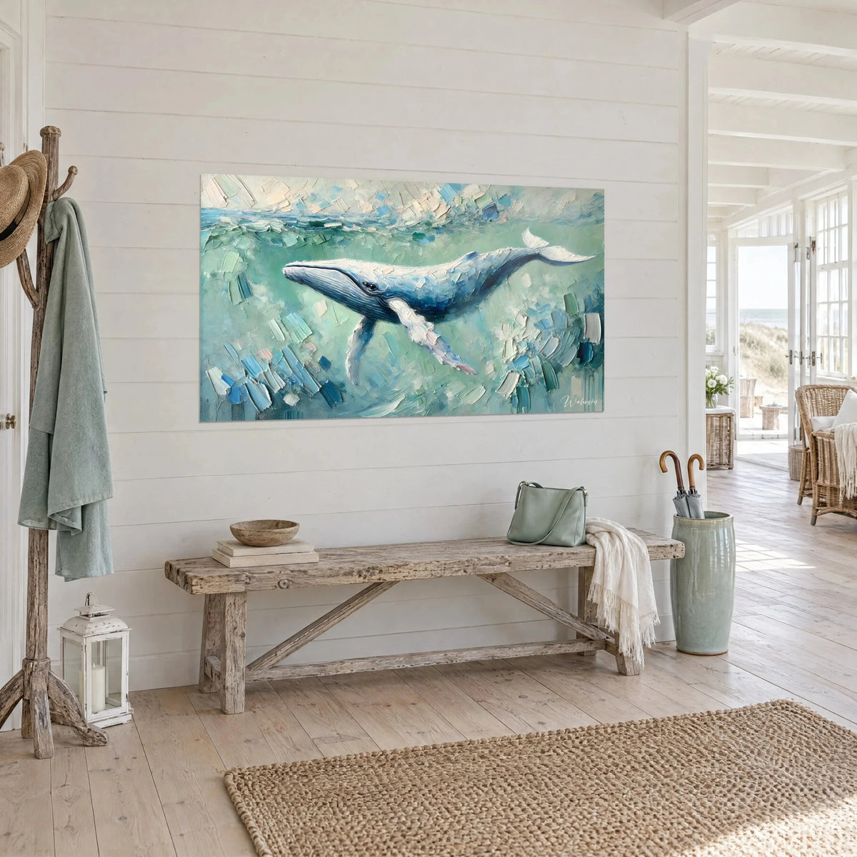 Quadro cetaceo dalle pinne bianche e dorso indaco, pennellate a spatola color giada, nell'ingresso di una casa sul mare
