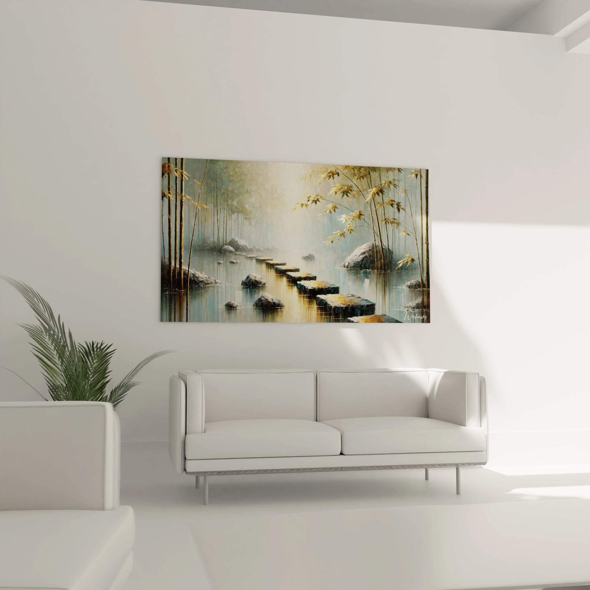 Ce tableau zen au-dessus d'un canapé transforme votre salon en un espace de sérénité, grâce à son inspiration tirée des jardins japonais.
