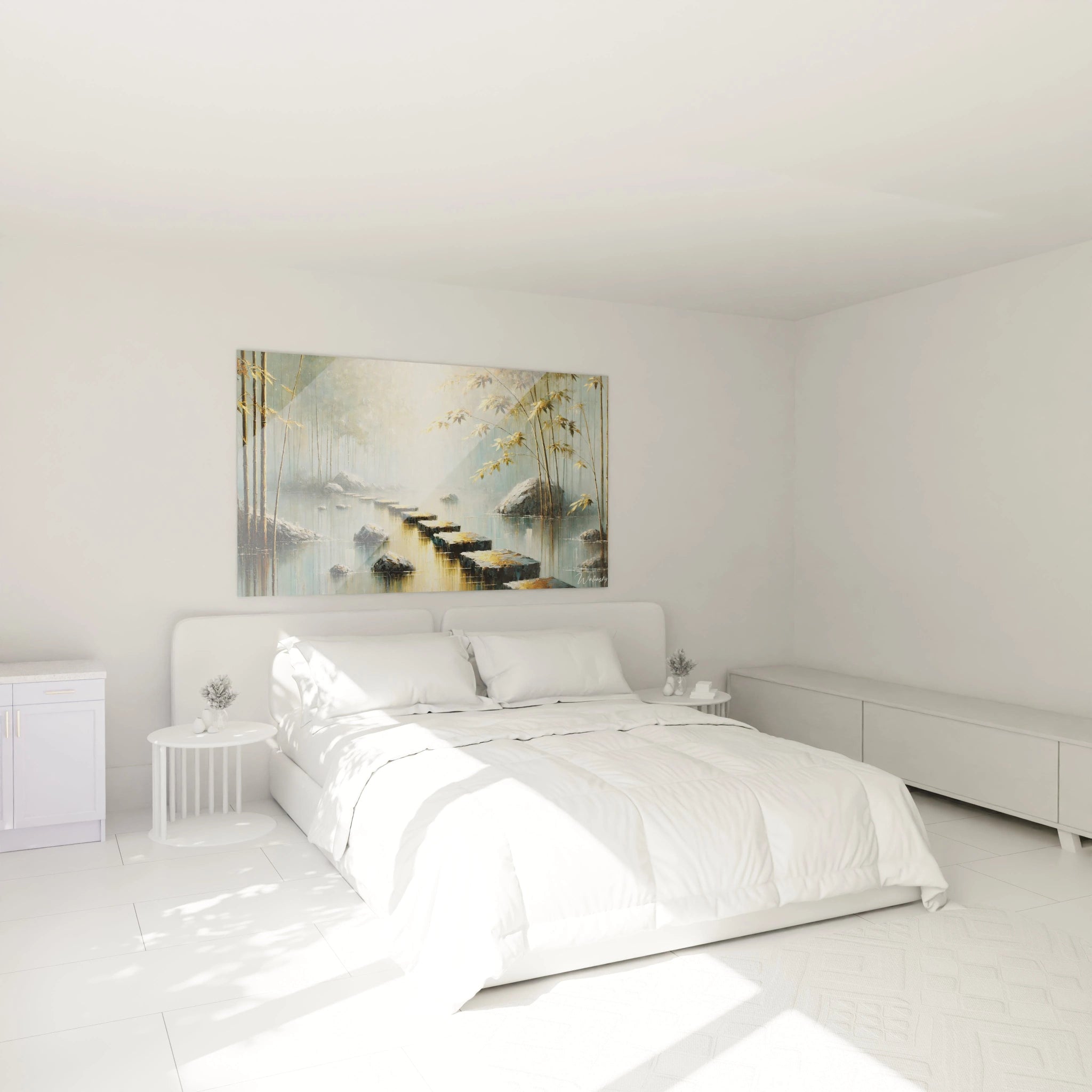 Dans une chambre, ce tableau zen apporte calme et harmonie, parfait au-dessus du lit pour une atmosphère propice à la relaxation et au bien-être.
