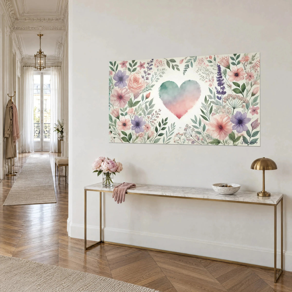 Quadro corona di fiori pastello, lavanda viola e rose salmone, cuore sfumato, console dorata, vista di tre quarti