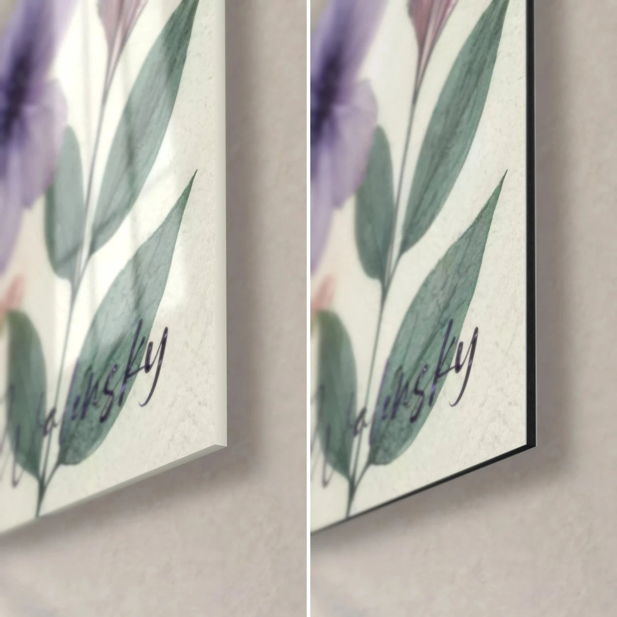 Quadro cuore floreale ad acquerello, dettaglio in basso a destra: foglia verde salvia su fondo crema, vetro lucido e Dibond opaco