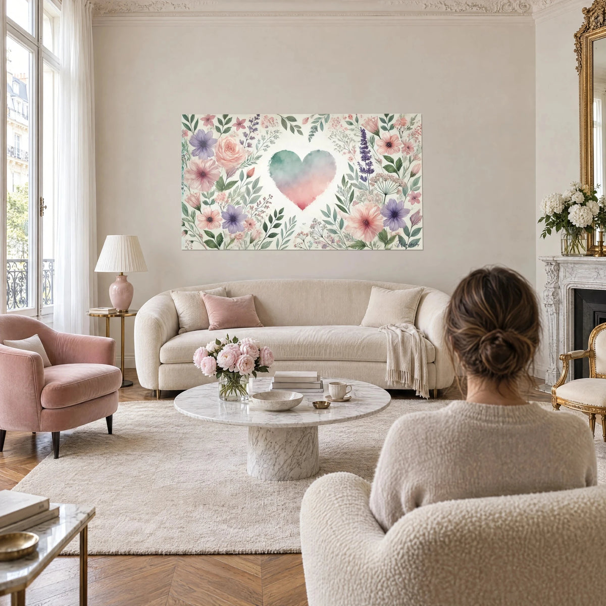 Quadro cuore ad acquerello verde menta e rosa cipria, circondato da peonie, sopra un divano in un soggiorno luminoso