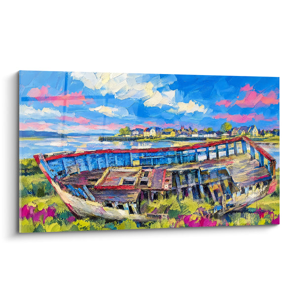 Cuadro Barca varada azul y rosa en bahía - Descanso en la playa - Edición Le Crotoy Hauts-de-France