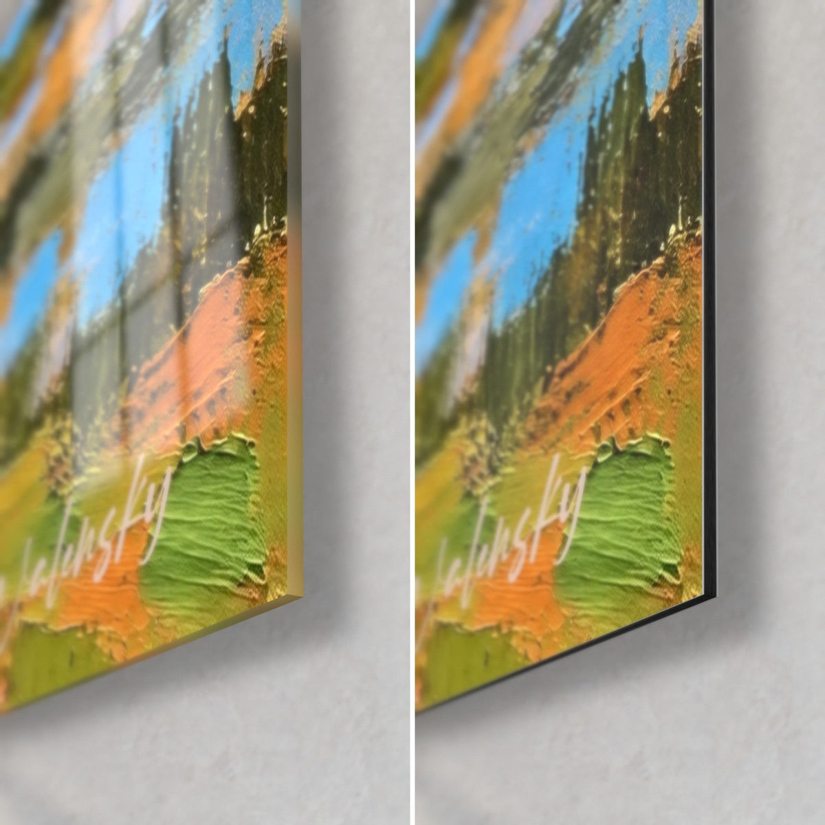 Quadro di un peschereccio in pasta spessa verde e arancione, angolo in basso a destra in vetro lucido Walensky e Dibond opaco, spessore 3 mm