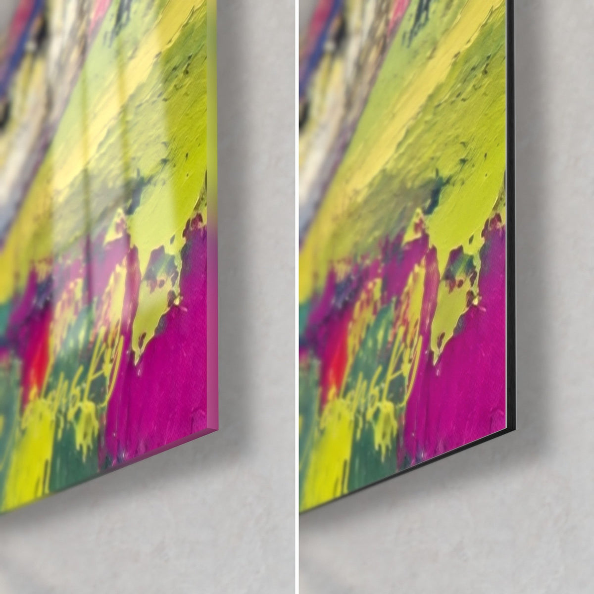 Cuadro de una vieja barca azul, esquina inferior derecha en cristal brillante y aluminio Dibond mate, manchas verde anís y magenta, canto de 3 mm