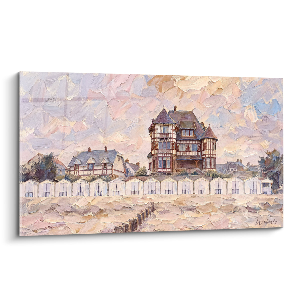 Tableau villa normande à colombages beige et brun, cabines de plage alignées, ciel mauve et doré peint par touches