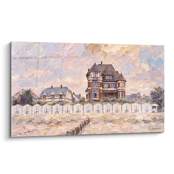 Tableau Villa normande aux cabines de plage beige mauve - Souvenir de bord de mer - Edition Le Crotoy Hauts-de-France