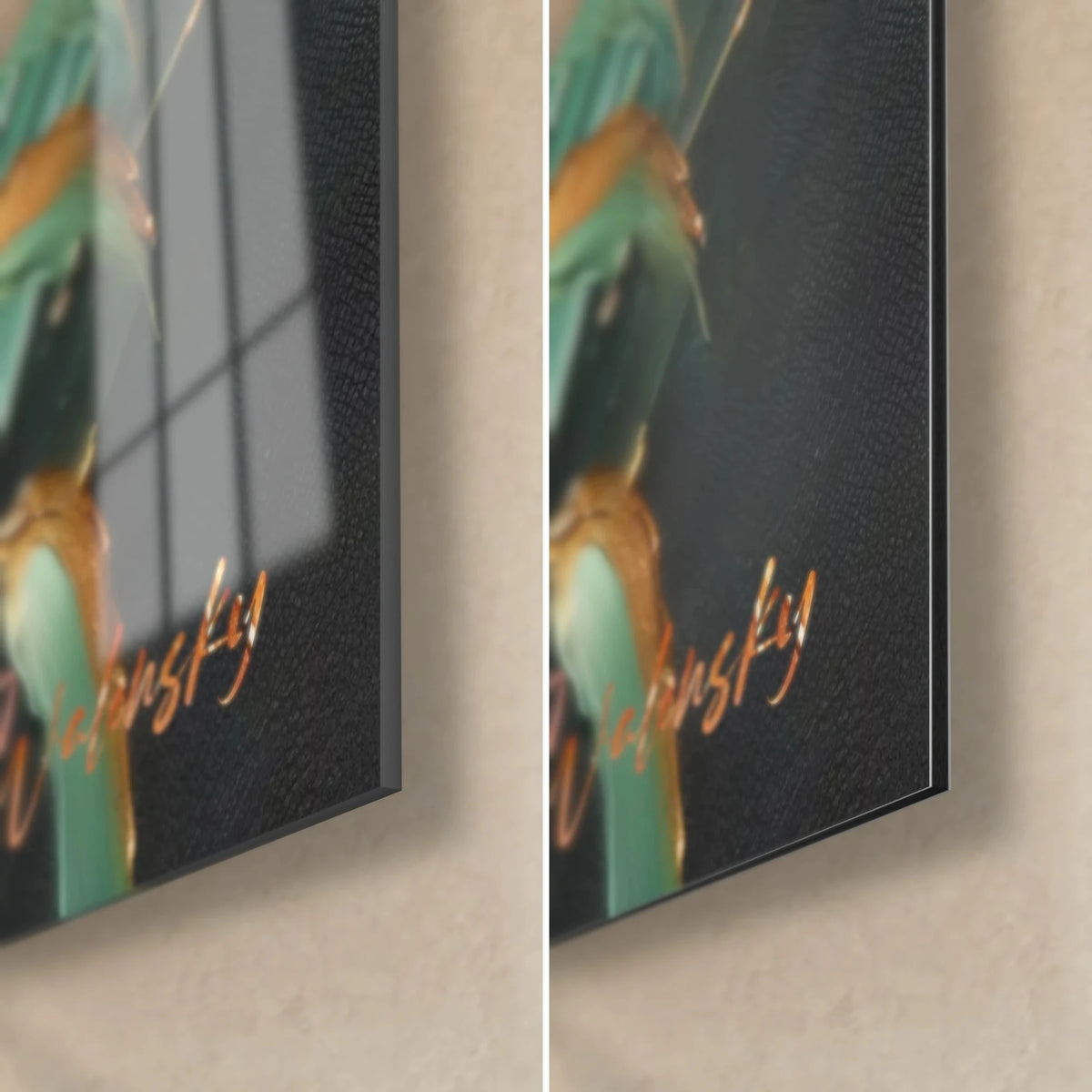 Wall art of a red panda painted with a palette knife, ochre leaf in relief, bottom right corner in glossy glass and matt black Dibond, 3 mm thickness