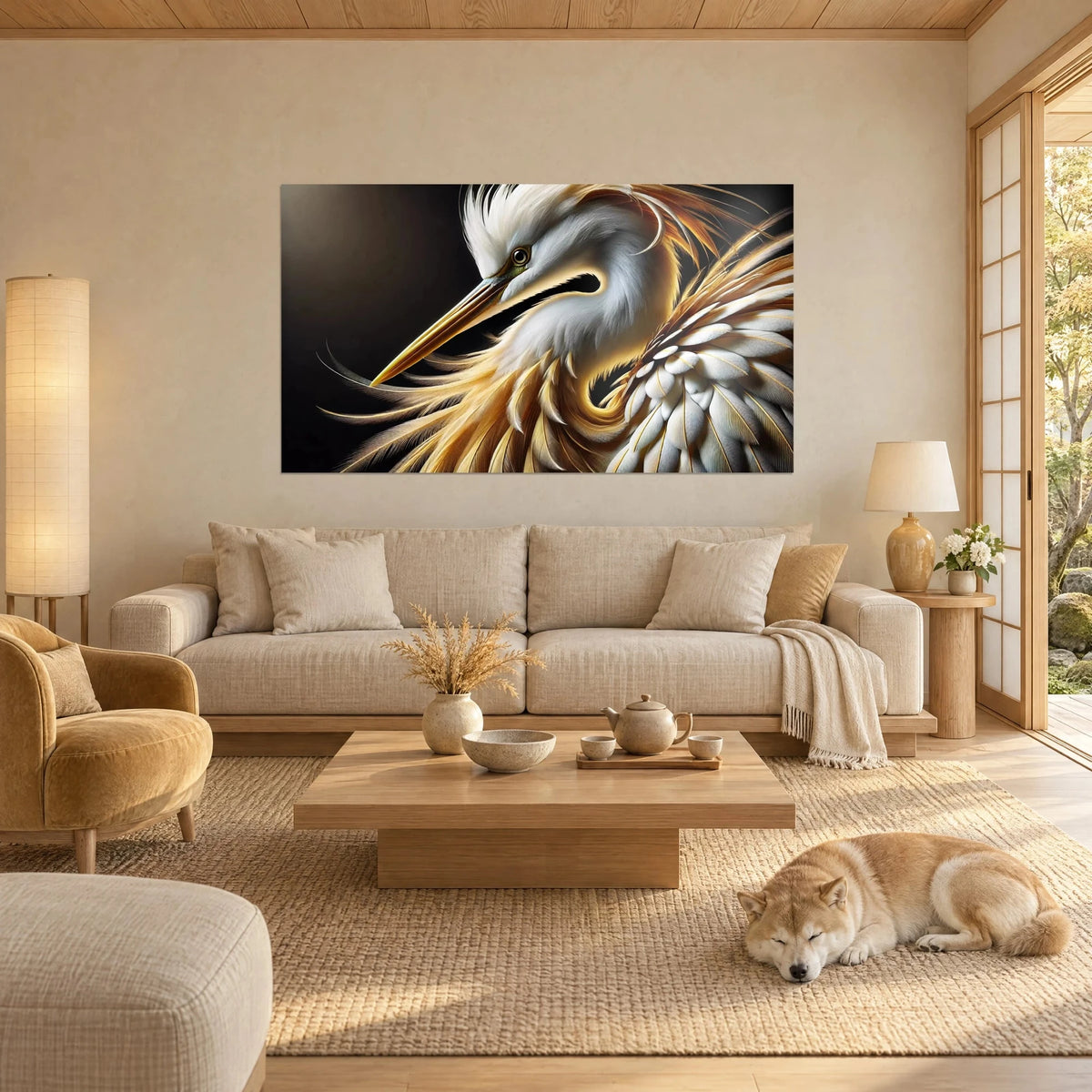 Gemälde Silberreiher mit goldenem Schnabel und leuchtend ockerfarbenen Federn auf schwarzem Grund, an einer beigen Wand, schlafender Shiba, über einem Sofa in einem lichtdurchfluteten Wohnzimmer