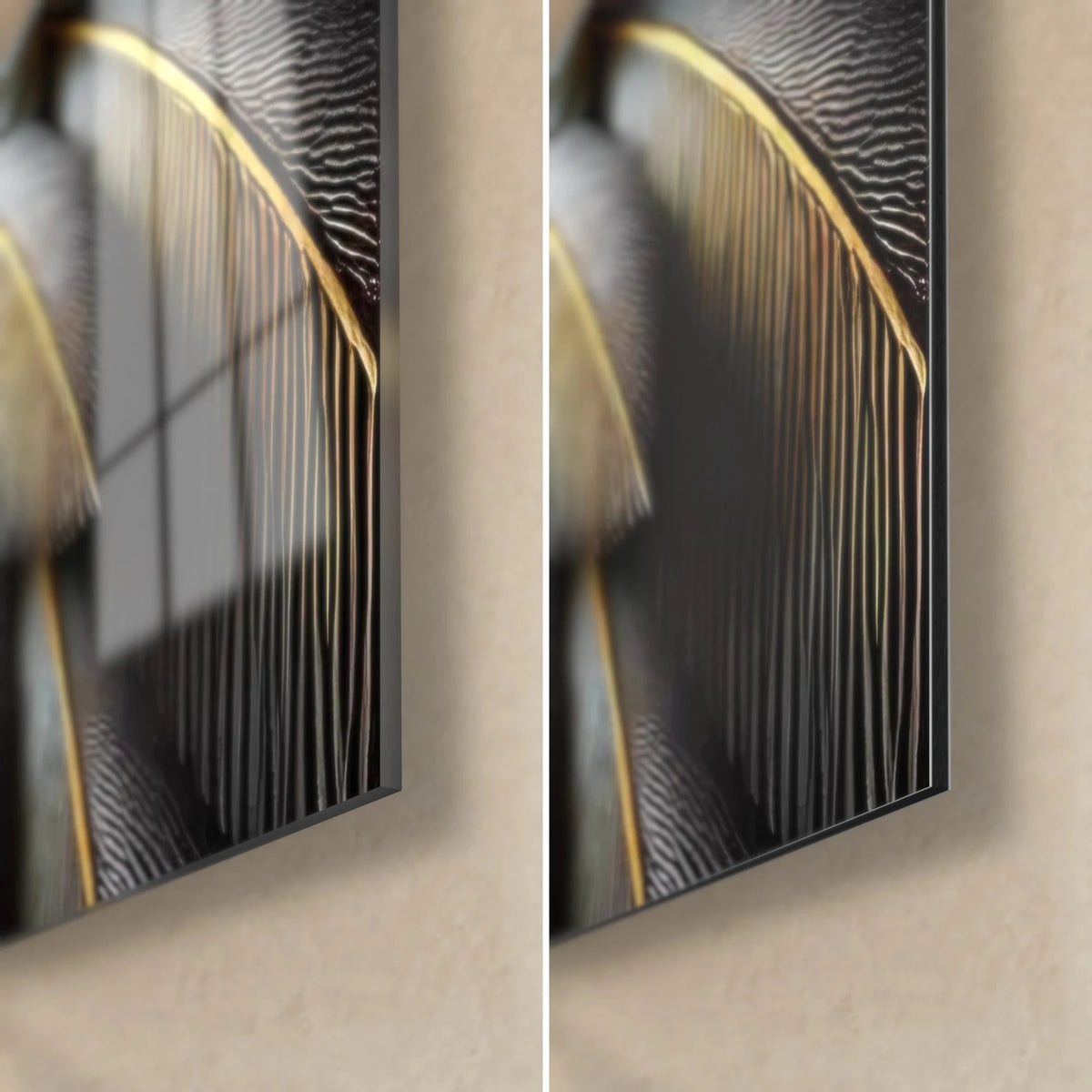 Gemälde Reiher mit goldenen Federn, untere rechte Ecke: glänzendes Acrylglas mit Reflexen, matter anthrazitgrauer Dibond-Alu und 3 mm Kante
