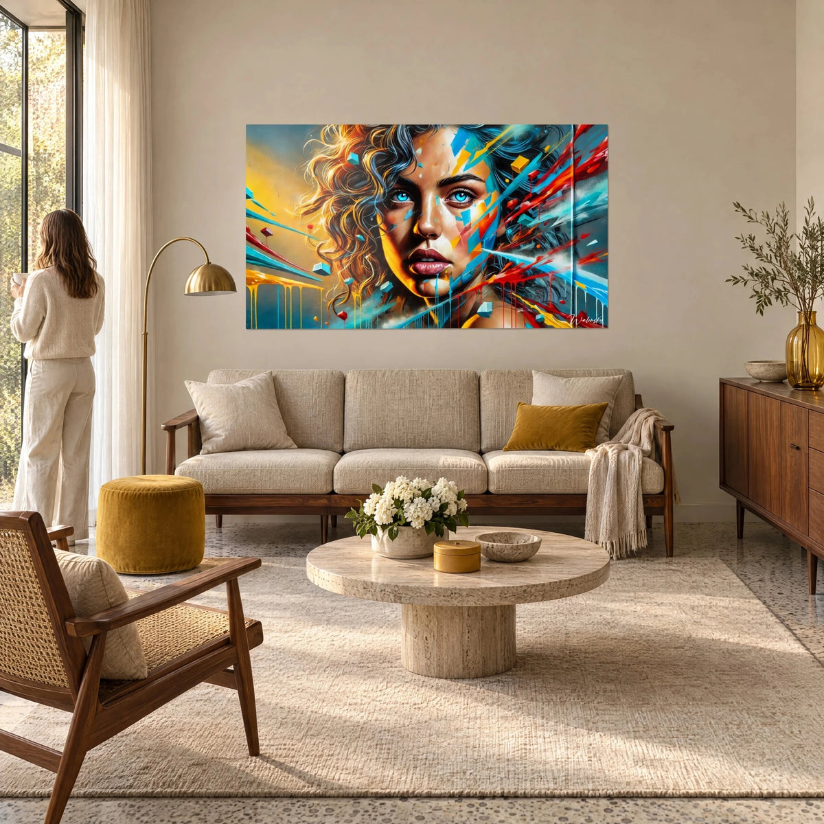 Tableau visage de femme aux yeux turquoise et boucles dorées, éclats rouges et cubes, au-dessus d'un canapé dans un salon lumineux