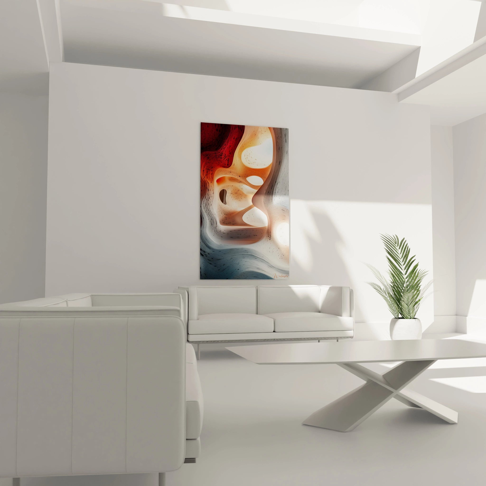 Un tableau relief abstrait aux formes fluides évoquant des grottes naturelles, combinant des teintes rouge bordeaux, beige orangé et bleu-gris, avec une structure en couches fines superposées créant une texture ondulante tridimensionnelle.
