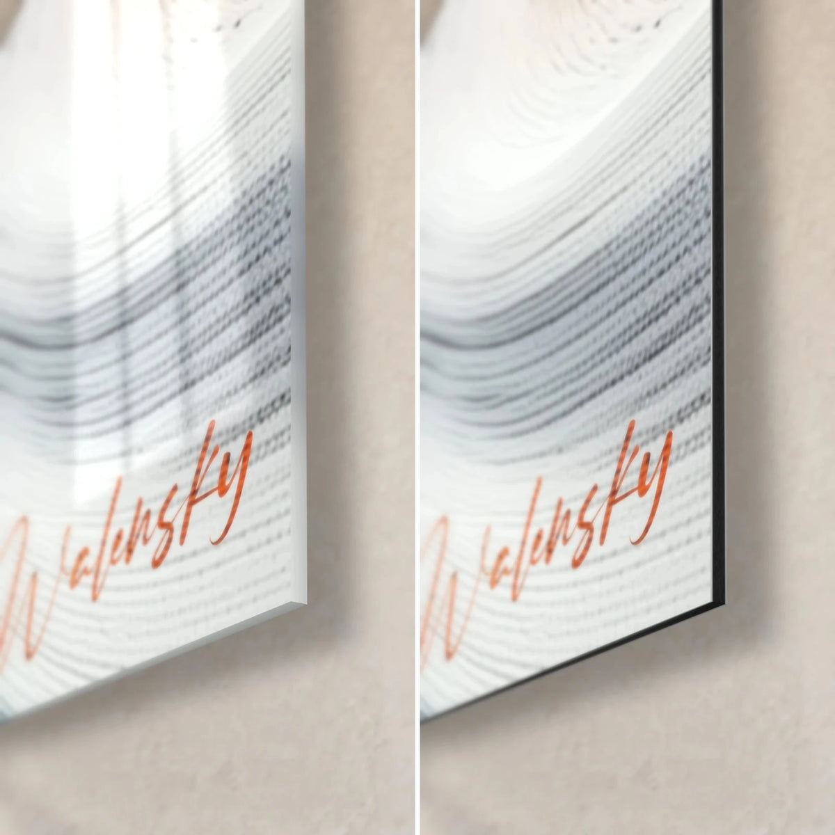 Wall art abstract cavity with grey-blue and white streaks, Walensky orange signature, glossy glass on the left, matte Dibond on the right
