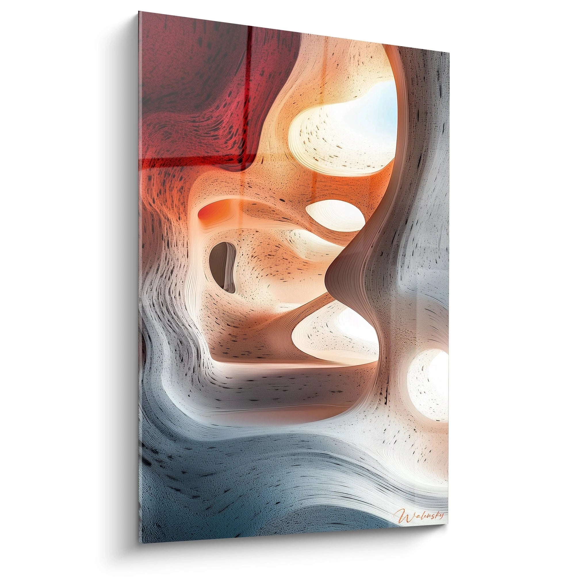 Un tableau relief abstrait représentant des formes ondulantes organiques avec des cavités lumineuses, dans des teintes de rouge, beige et bleu-gris, créant une impression de mouvement fluide et de profondeur grâce à ses textures stratifiées.
