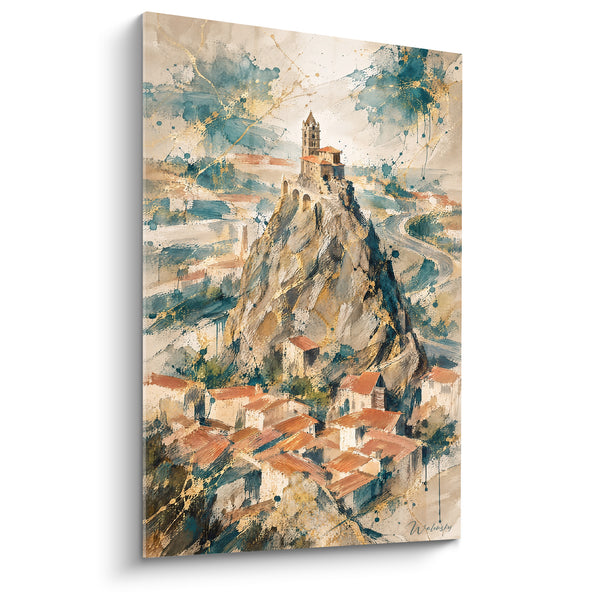 Tableau Chapelle rocheuse aux toits terracotta dorés - Vertige d'altitude - Edition Le Puy-en-Velay Auvergne-Rhône-Alpes France