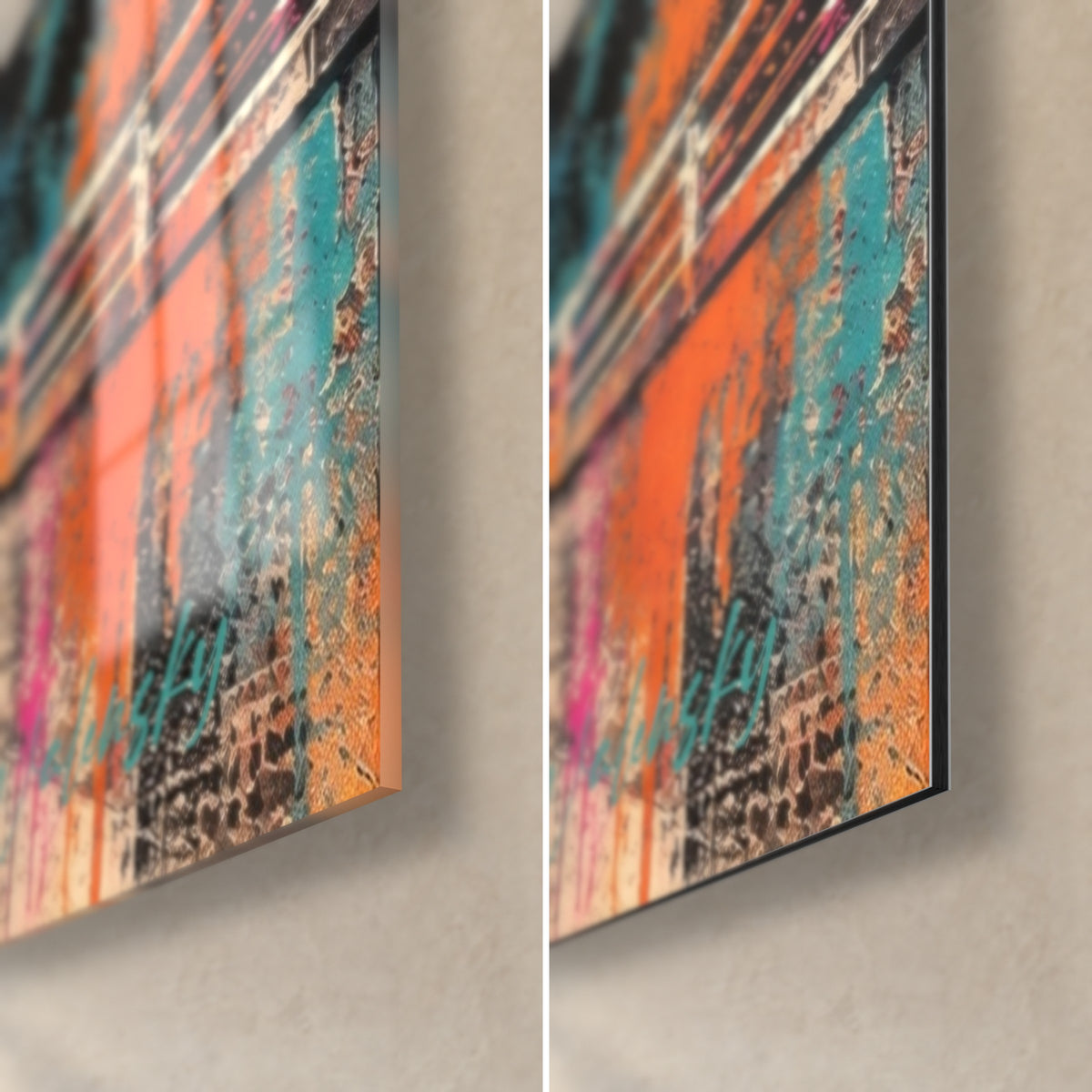 Détail des coulures roses et touches turquoise sur la roche, grain du fusain visible en gros plan