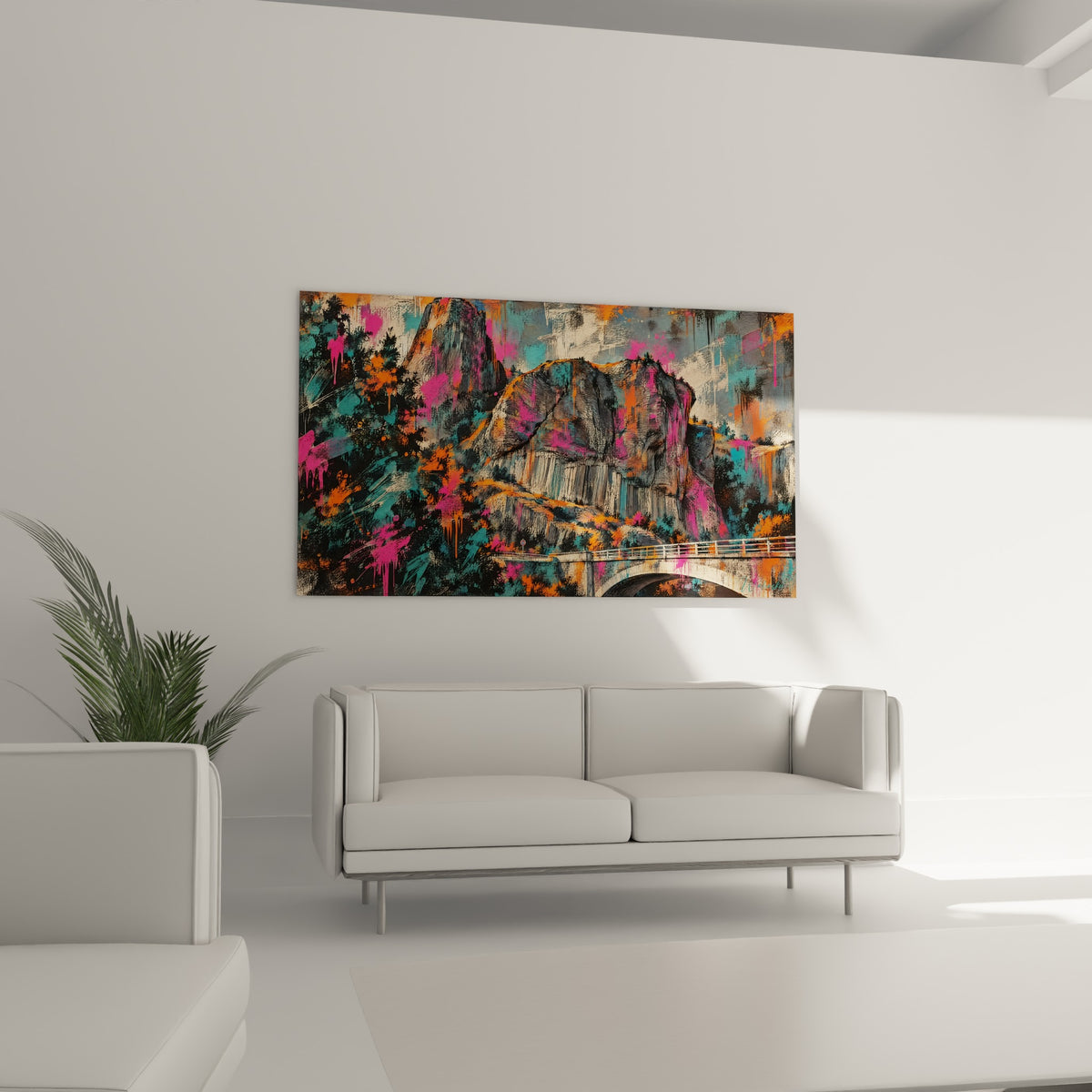 Wall art striated basalt cliff, orange and magenta drips on a turquoise background, facing a spaniel in a Provençal farmhouse