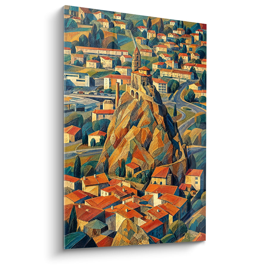 Schilderij Rocher Saint-Michel met oranje daken - Stenen wachter - Editie Le Puy-en-Velay Auvergne-Rhône-Alpes Frankrijk