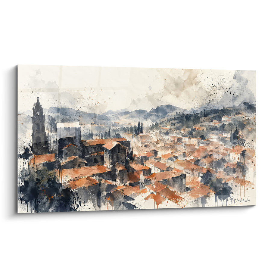 Schilderij Panorama dakpannen terracotta en leisteenblauw - Mist over de stad - Editie Le Puy-en-Velay Auvergne-Rhône-Alpes Frankrijk