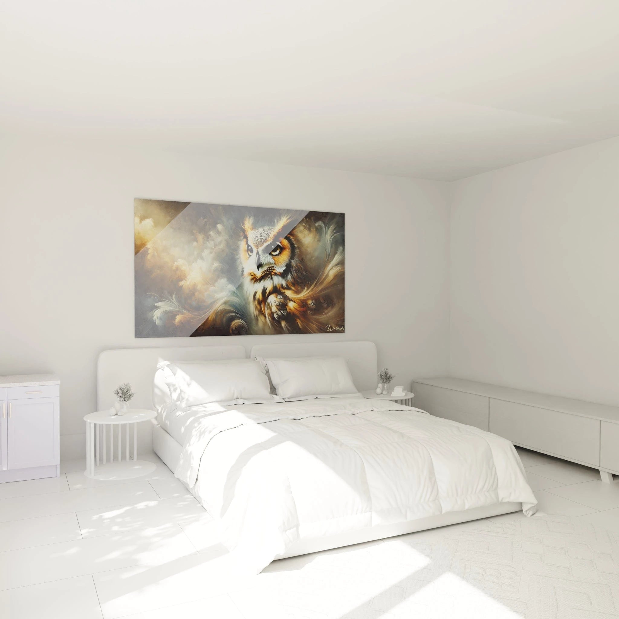 tableau hibou suspendu au-dessus d’un lit dans une chambre dégageant une aura mystique teintes douces et atmosphère apaisante parfait pour un espace de réflexion et de sérénité dans votre intérieur


