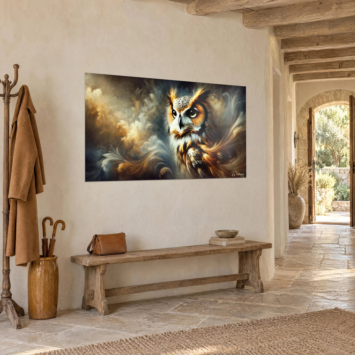 Wall art owl with orange and white plumage against a bluish mist, lime-washed wall, wooden bench, three-quarter view