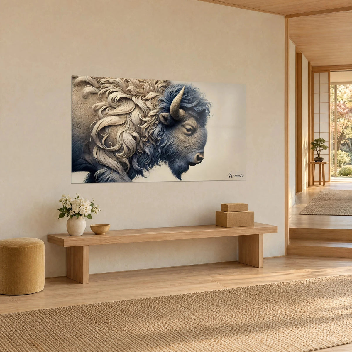 Tableau bison majestueux, corne ivoire et toison bleu nuit, vu de trois-quarts au-dessus d'un banc en bois dans une entrée japandi