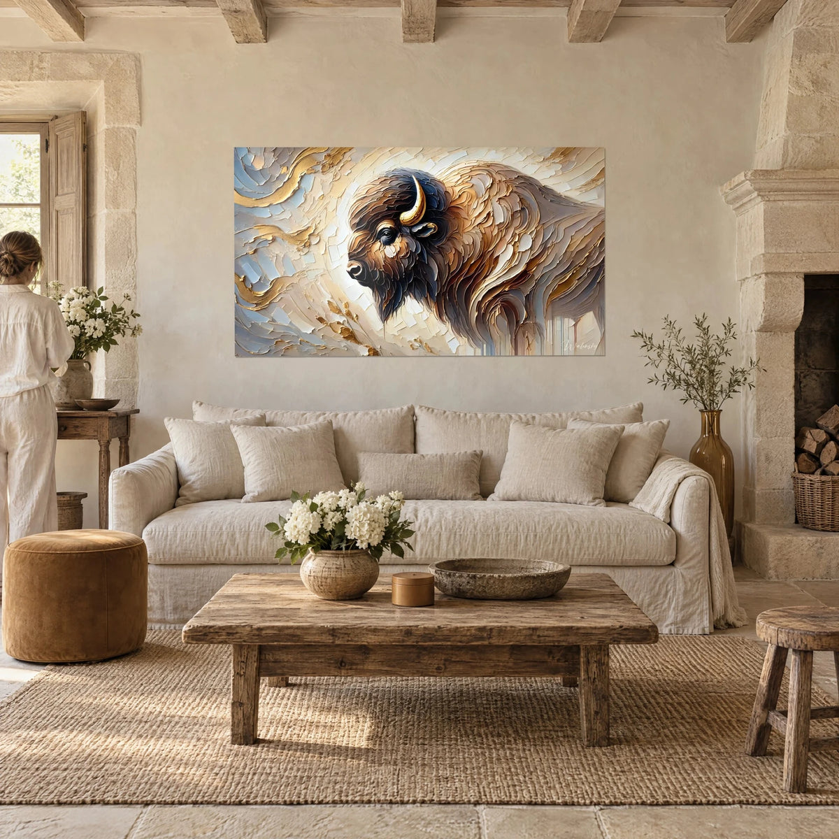Wall art bison in profile with golden horns, brown and ivory fur in palette-knife strokes, above a sofa in a bright living room