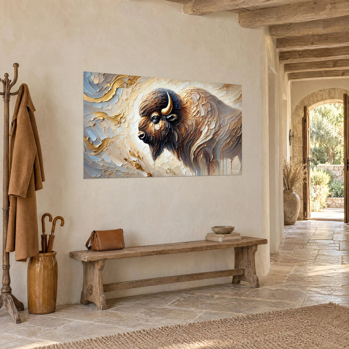 Wall art massive beast with a golden horn, copper shaggy mane and pale blue backgrounds in thick impasto, stone hallway, country house