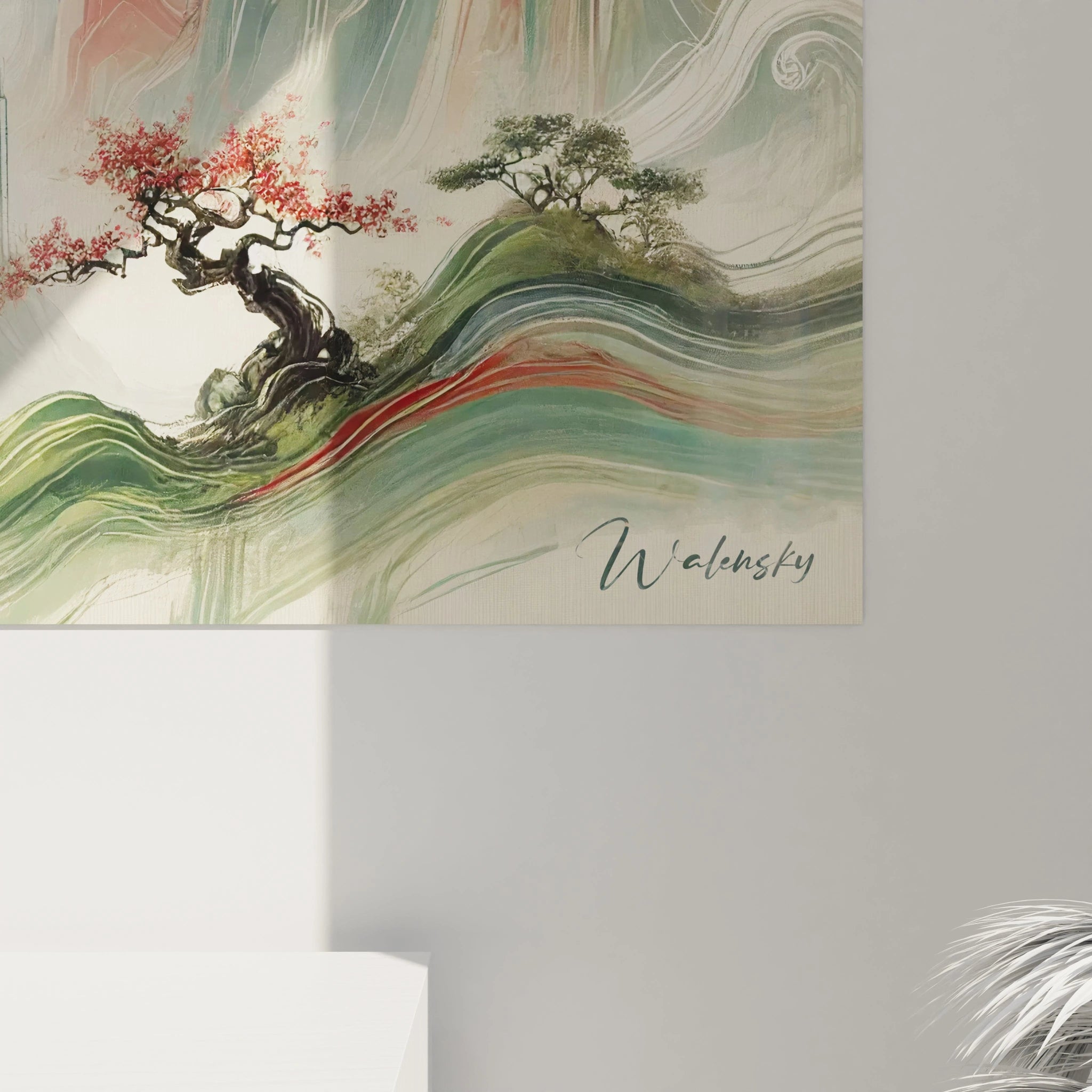 vue rapprochée d’un tableau peinture chinoise détails fins nuages dansants montagnes vertes pagode rouge







