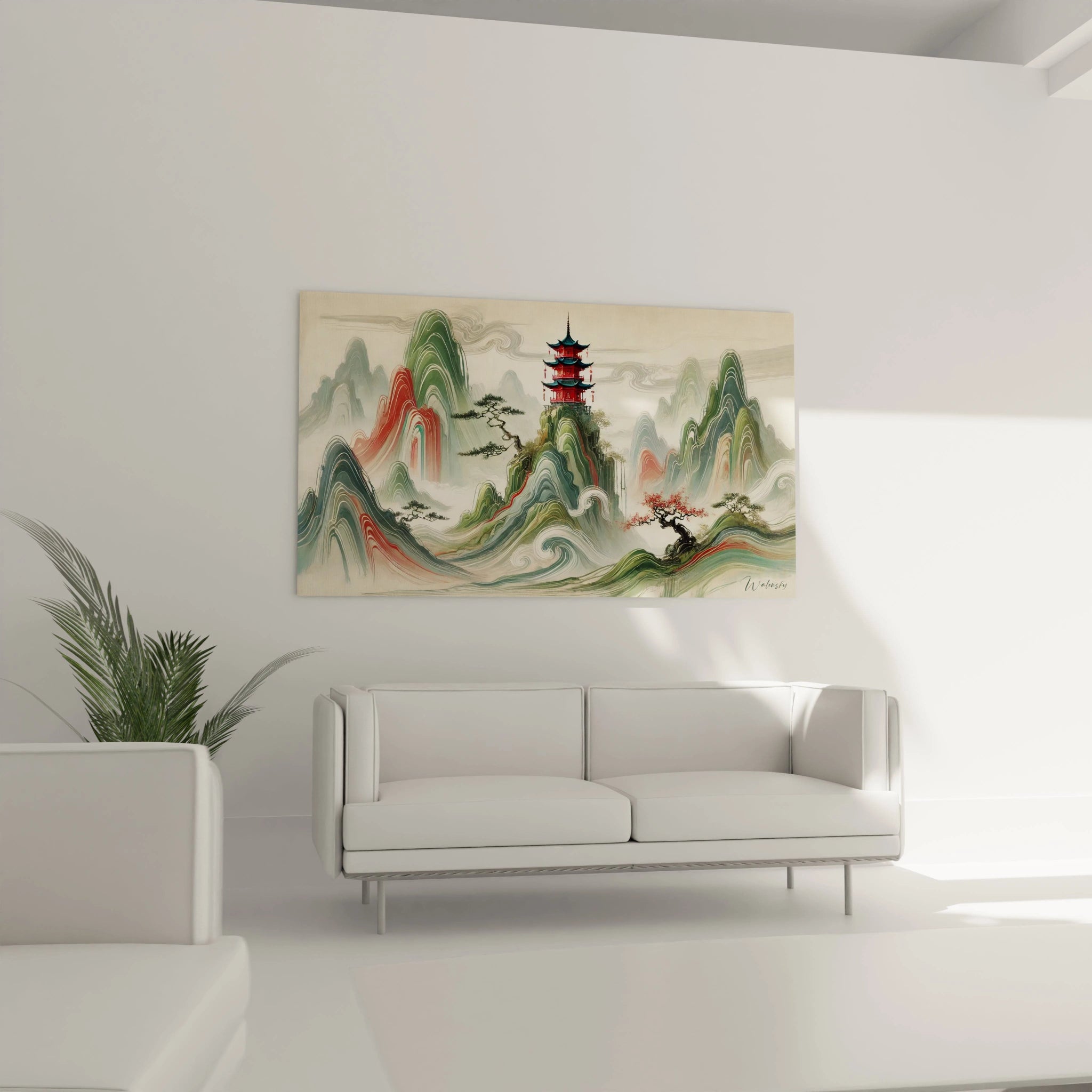 tableau peinture chinoise au mur dans un salon spacieux au-dessus d’un canapé montagnes vertes pagode rouge éclatante


