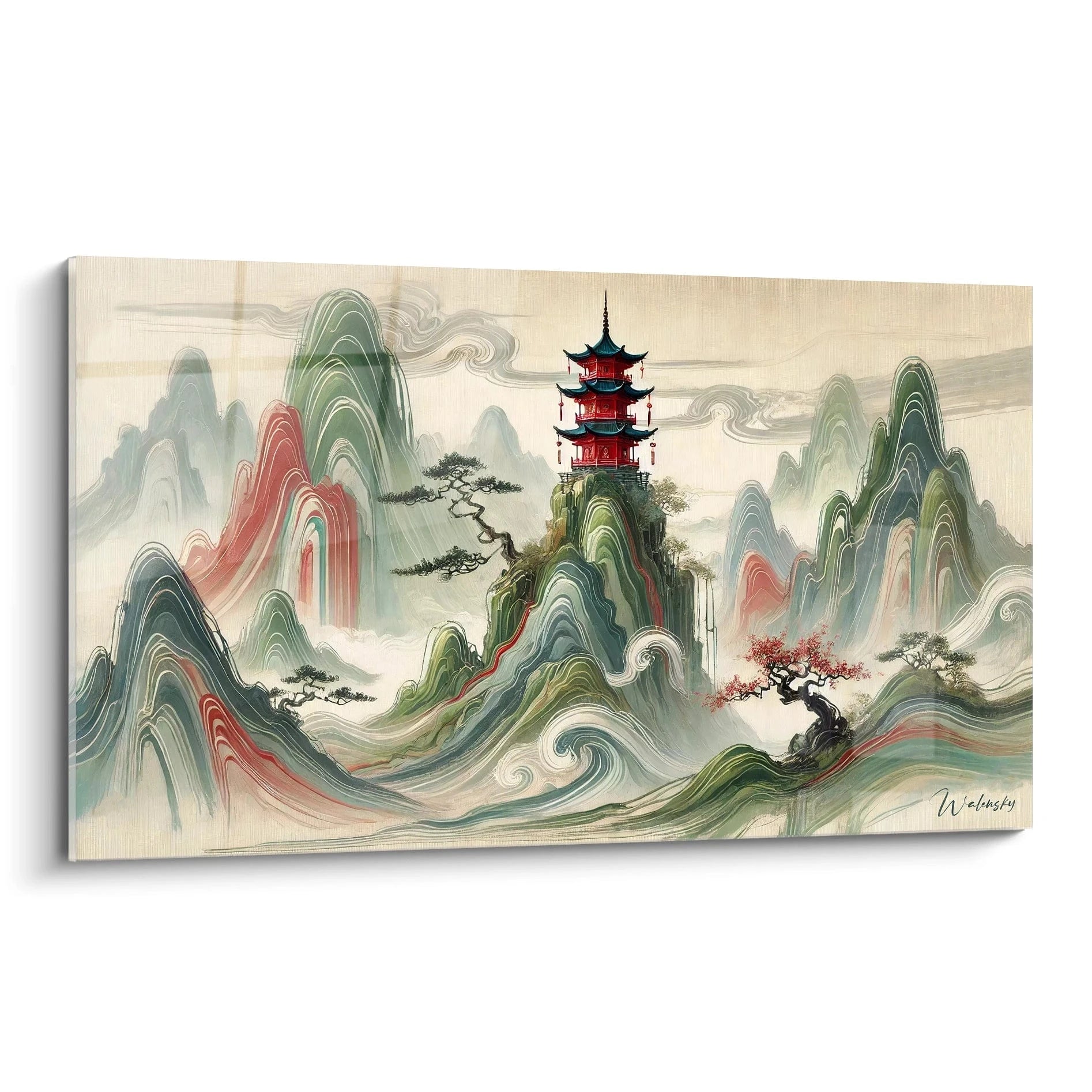tableau peinture chinoise vu de biais avec des montagnes vertes ondulées pagode rouge brillante et fond beige brumeux


