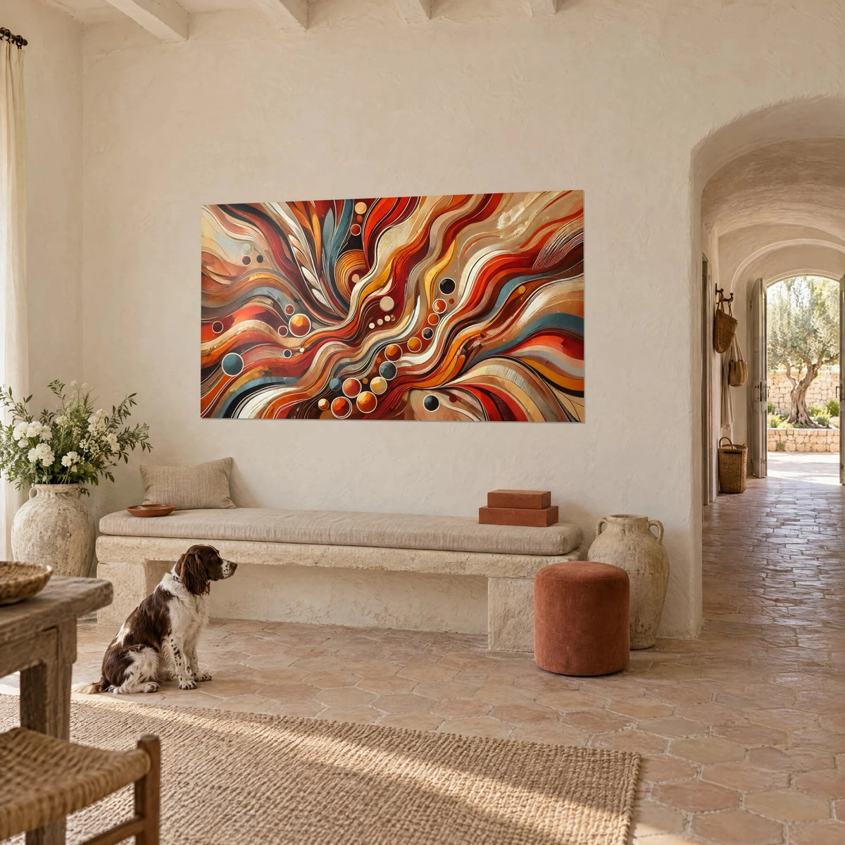 Πίνακας με κυματιστές κορδέλες σε terracotta και γκρι-μπλε, κεχριμπαρένιοι κύκλοι, καθισμένο καφέ και λευκό σπανιέλ, πέτρινο προβηγκιανό αρχοντικό
