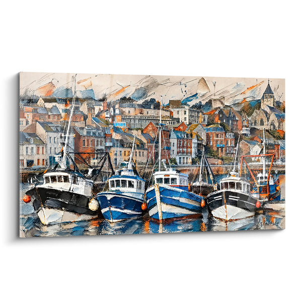 Tableau Chalutiers bleu marine et falaise ocre - Havre de pêcheurs - Edition Le Tréport Normandie France