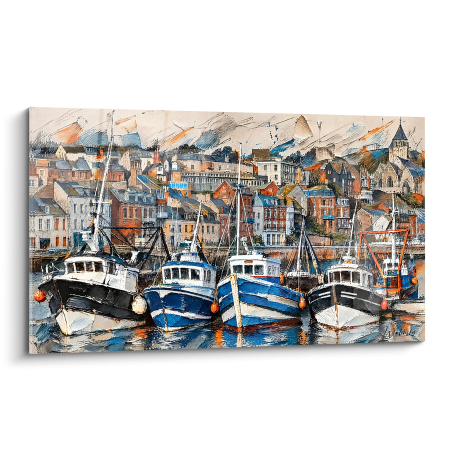 Tableau Chalutiers bleu marine et falaise ocre - Havre de pêcheurs - Edition Le Tréport Normandie France