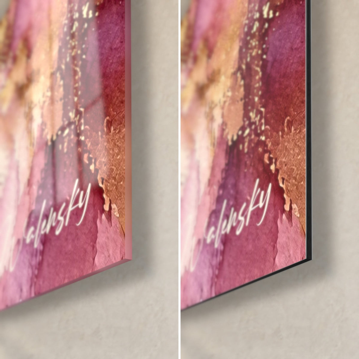 Schilderij krijtrots in aquarel roze en goud, rechtsonder hoek: glanzend acrylglas links, mat Dibond rechts, rand van 3 mm