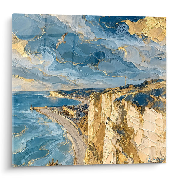 Tableau Falaise crayeuse dorée et mouette bleue - Envol côtier - Edition Le Tréport Normandie France