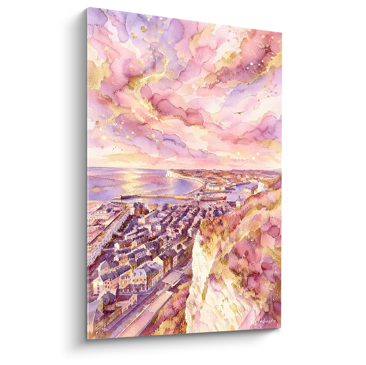 Schilderij krijtrots van Le Tréport in roze en paarse aquarel onder een schitterende gouden lucht
