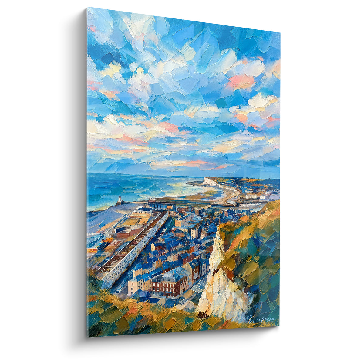 Quadro scogliere bianche di Le Tréport che dominano il mare turchese e i tetti color ardesia blu