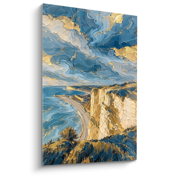 Tableau Falaise blanche et ciel bleu nuageux tourbillonnant - Route côtière sinueuse - Edition Le Tréport Normandie France