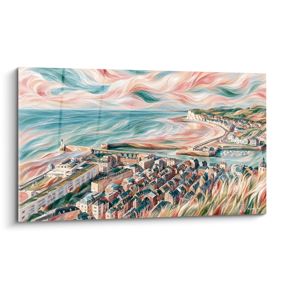 Tableau Vue côtière aux ciel rose et mer turquoise - Rêverie côtière - Edition Le Tréport Normandie France
