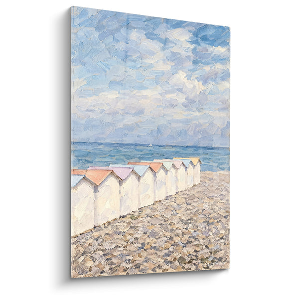 Tableau Cabines de plage blanches aux toits pastel - Flânerie côtière - Edition Le Tréport Normandie France