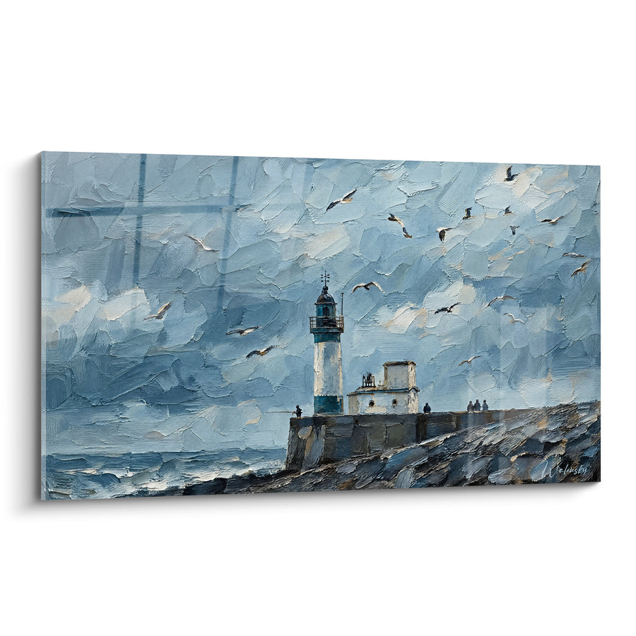 Tableau Phare blanc bleu sur jetée battue - Envol avant la tempête - Edition Le Tréport Normandie France