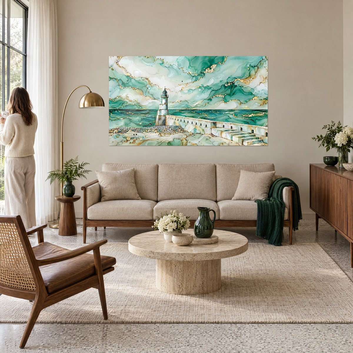 Wall art white lighthouse on its jetty, emerald waves veined with gold, ivory cloudy sky, above a sofa in a bright living room