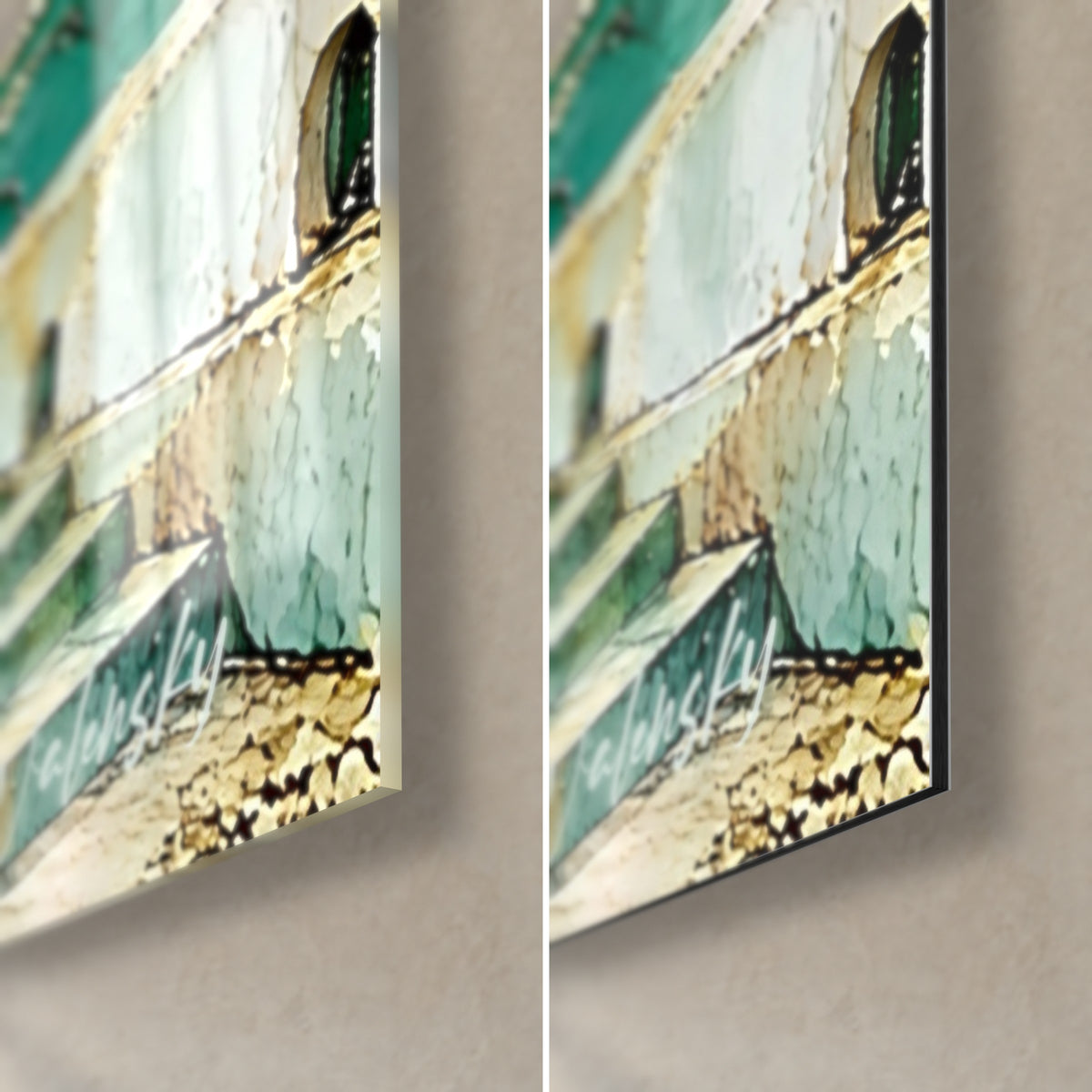 Wall art lighthouse and jetty, lower right corner: jade green and gold drips, signature, glossy acrylic glass facing the matte Dibond aluminum