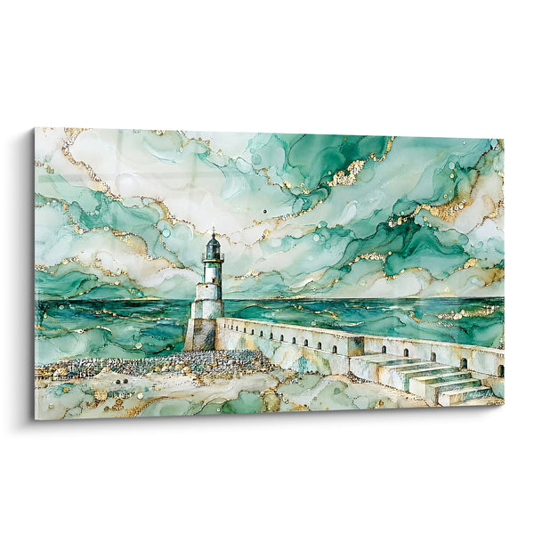 Emerald and Gold Beacon Painting on Jetty - Keeping Watch - Le Tréport Edition, Normandy, France
