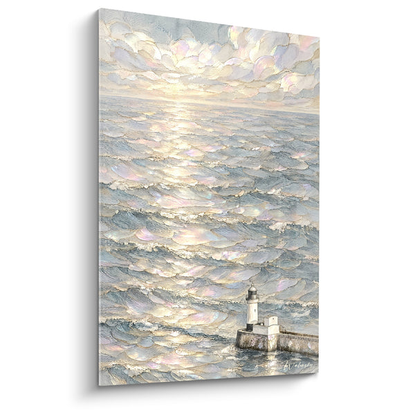 Tableau Phare blanc aux reflets dorés scintillants - Lever sur la jetée - Edition Le Tréport Normandie France