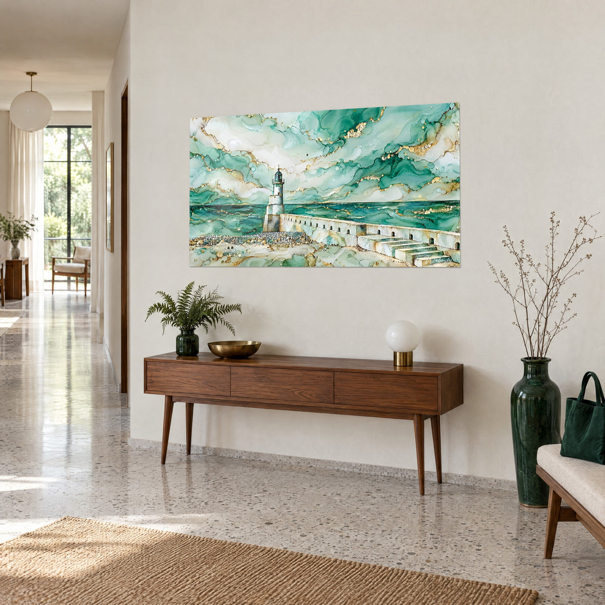 Wall art signal tower on a stone breakwater, emerald sea and cream clouds highlighted with golden glitter, wooden console