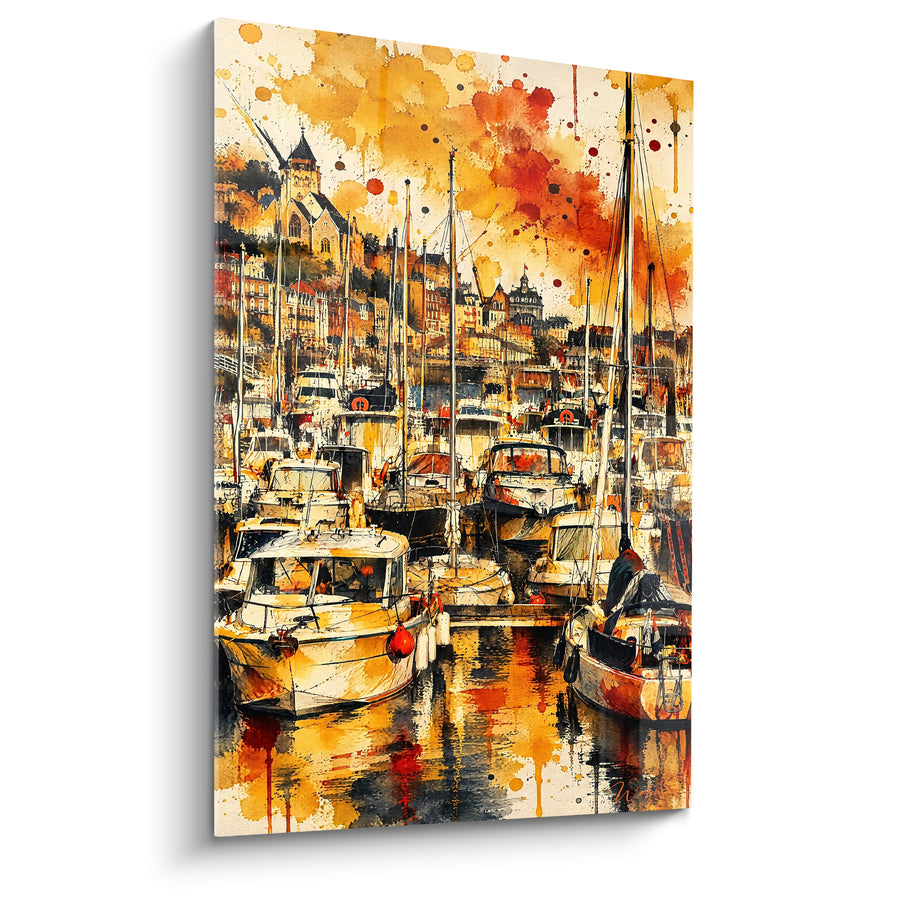 Tableau Port de plaisance ocre et doré animé - Soirée au port - Edition Le Tréport Normandie France