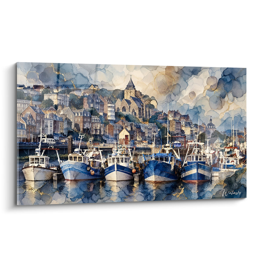 Tableau Port de pêche bleu et doré - Aube portuaire - Edition Le Tréport Normandie France